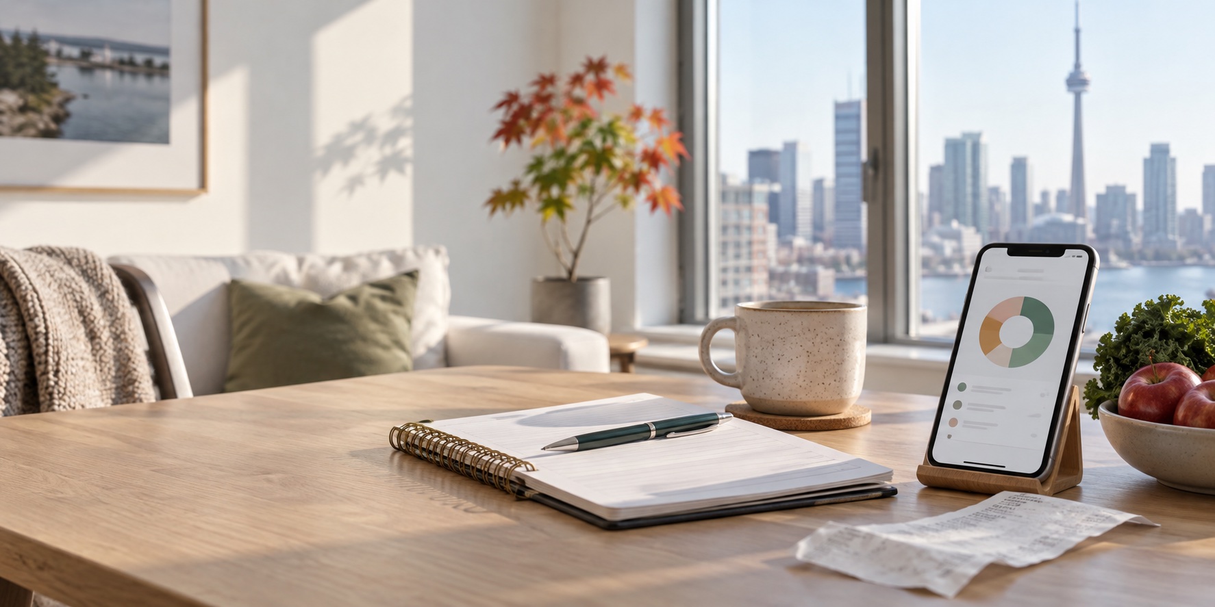 A quiet home desk with a phone showing a generic spending chart, notebook and coffee.